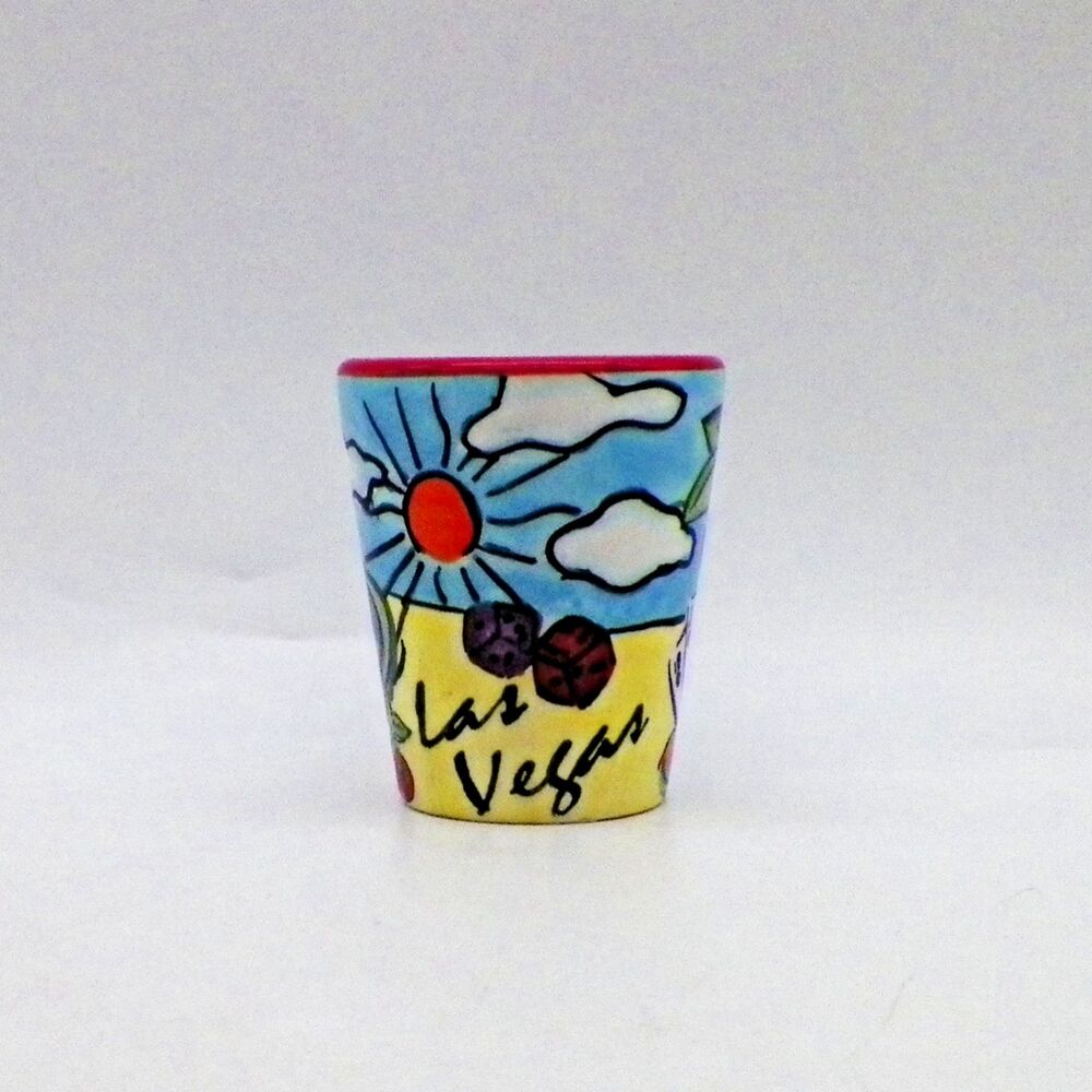 Las Vegas Ceramic Shot Glass Desert Red Sun Dice Cards Poker Chip Roulette Wheel